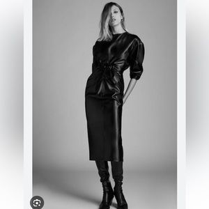 ZARA Faux Leather Draped Belted Ruching Midi Dress Size S